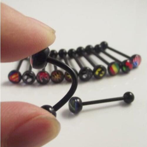 1 Piece 1.6X18X7/5mm Black Soft Logo Tongue Ring labret Noctilucent Acrylic Flexible Tongue Nipple Ring Barbell Body Piercing
