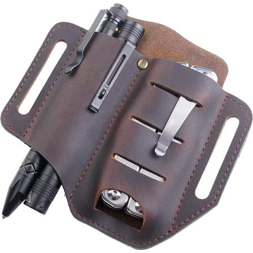 HLZS-Pocket EDC Organizer Leather Slip Sheath with 2 Pockets for Knife/Tool/Flashlight/ Pen &EDC Gears Pocket