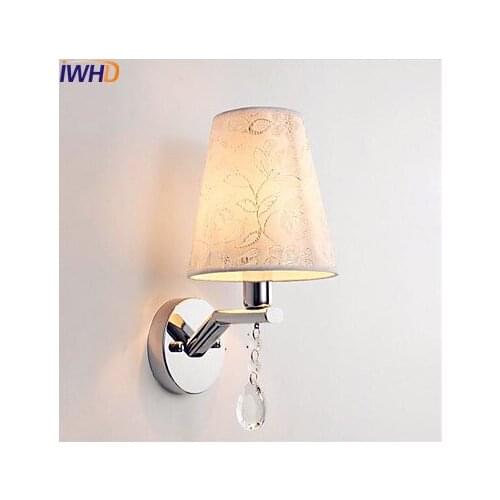 IWHD Modern Crystal LED Wall Lights Fixtures Living Room Cristal Wall Light LED Beside Lamp Fabric Shade Applique Murale