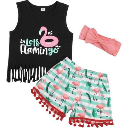 Summer Kids Sets Flamingo Print Tassel Decoration Vest Tank Shorts Bow Headband Summer Children Clothing
