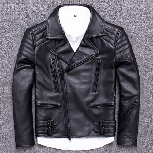 Oblique zipper head layer thickness cowhide clothing male halley locomotive serve will lapel leather jacket motorcycle