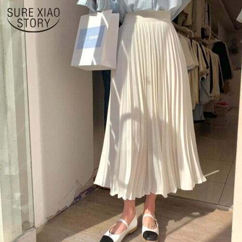 2021 Autumn New Casual High Waist Long Skirts for Women Vintage Solid Pleated Skirt Women Fashion Female Skirts Faldas 13640