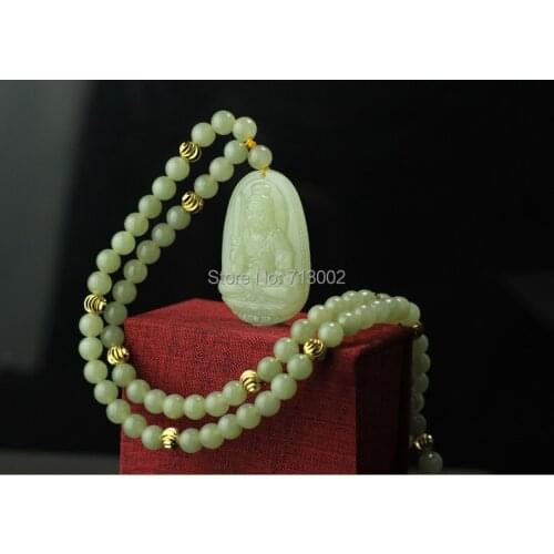 Nature Milk white jadite Buddha Bodhisattva Pendant Amulet 6mm Beads Necklace*Certificate