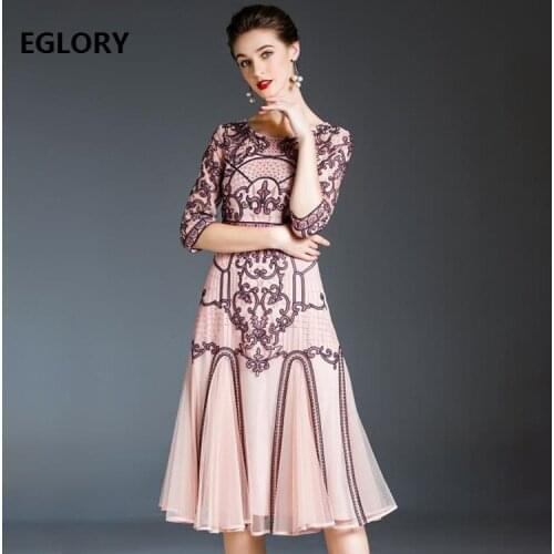 XXXL Dress Vestidos De Fiesta 2020 Autumn Party Events Women Appliques Embroidery 3/4 Sleeve Midi Party Mermaid Dresses Female