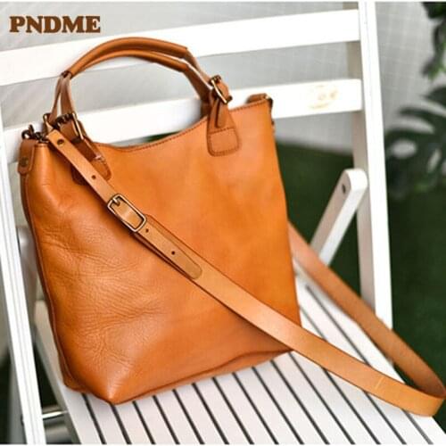 PNDME fashion natural real cowhide ladies handbags weekend outdoor retro high-quality Genuine leather one-shoulder diagonal bag