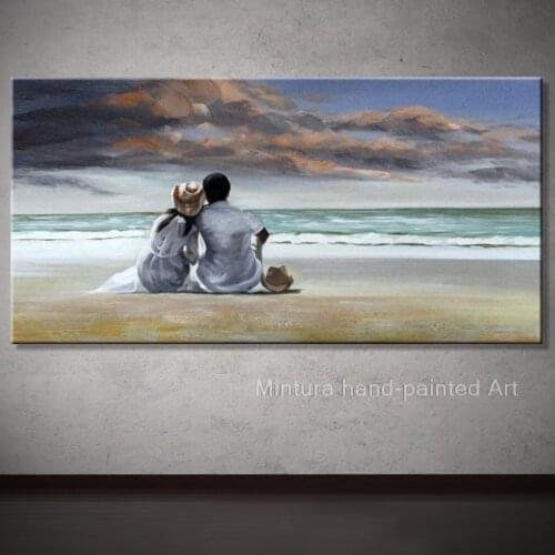 Romantic Seascape Scenery Lovers in Beach Oil Painting Canvas Art Wall Mural Picture for Home Bar Office Decoration (No frame )