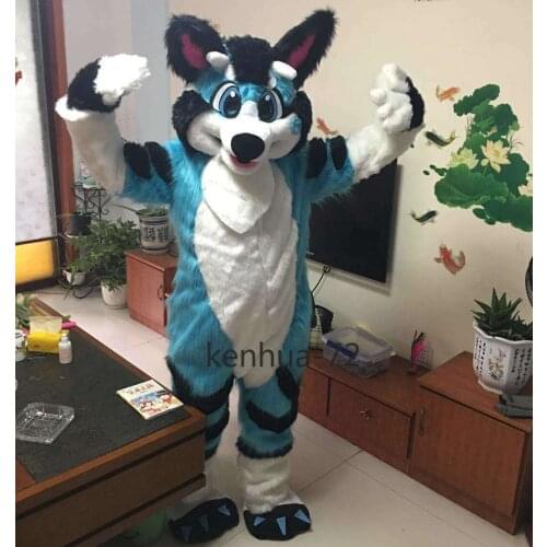 Luxury Long Fur Blue Husky Dog Fox Mascot Costume Fursuit Halloween Suit Cosplay Fancy Dress Outfit Fursuit Furry Costume