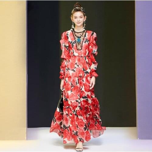 Seifrmann Summer Women Fashion Designer Party ALine Dress Long Sleeve Ruffles Elegant Floral Print Ladies Plus Size Maxi Dresses