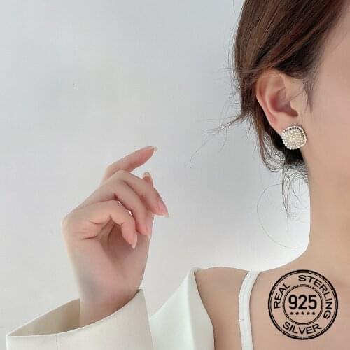 S925 Silver Needle Pearl Stud Earrings For Women Square Korea Temperament Diamond New Fashion Hot Sale Lady Party Jewelry INEFFA