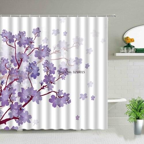 Modern Scenery Print Shower Curtains Pink Purple Flowers Trees Chinese Style Floral Bathroom Curtain Waterproof Fabric With Hook