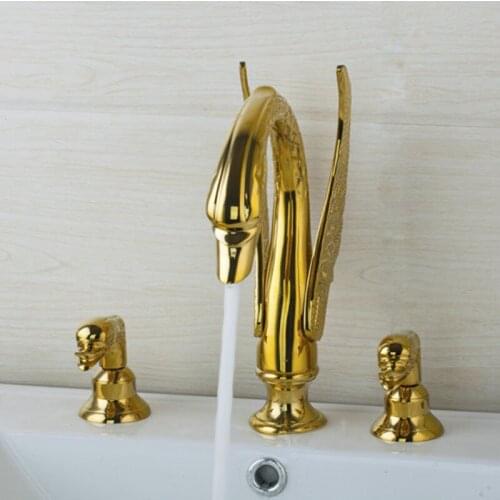YANKSMART Golden Ornate Swan Style Bathroom Sink Faucet Combo Deck Mount Sink Mixer Tap Set Hot Cold Water Faucets