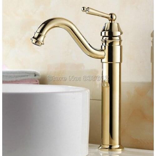 Contemporary Concise Style Gold Color Brass Swivel Spout Kitchen Sink Faucet / Single Hole Deck Mounted Basin Mixer Taps Wgf055