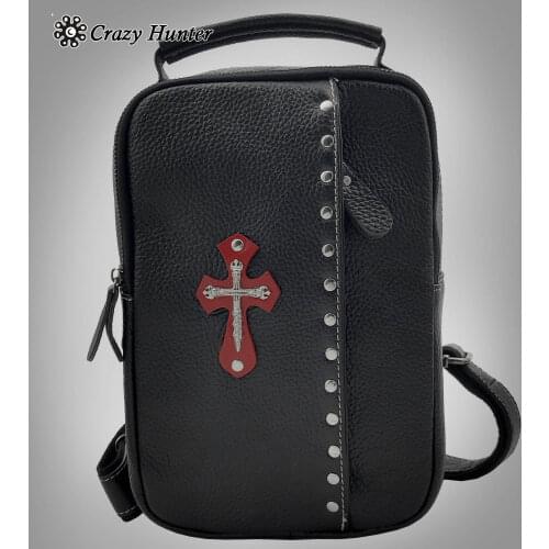 Male Crossbody Bags Men Genuine Leather Gothic Cross Biker Studded Shoulder Bag Hangbag