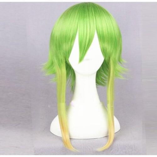 Vocaloid Gumi Megpoid 35cm/14" Golden Green Ombre Short Layered Fluffy Synthetic Hair Cosplay Wigs For Party+wig cap