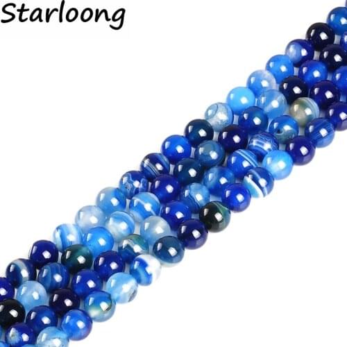High Quality Blue Stripe Onyx Agates Round Natural Stone Loose Spacer Beads 15" 4-12mm Strand for DIY Jewelry Making Bracelet
