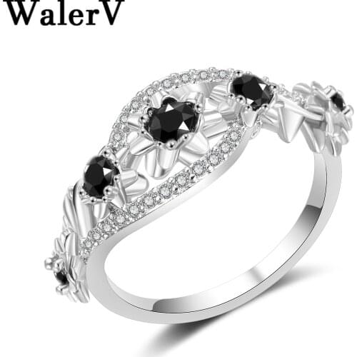 WalerV New Fashion Popular for Women Lady Custom Personalized Irregular Flower Ring Black Crystal Zircon Rings Gift