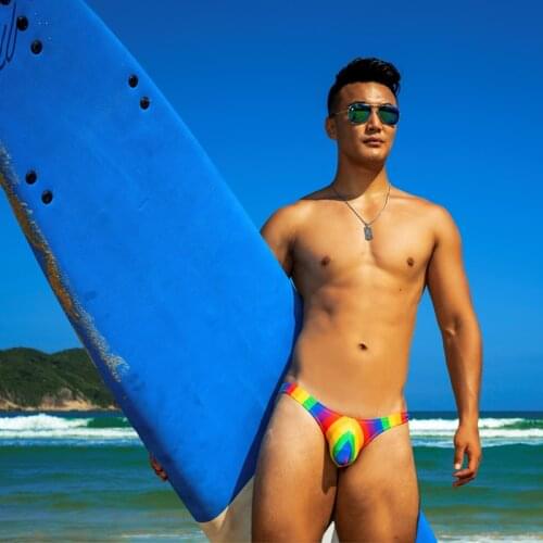 WD245 sexy bright rainbow prited swimsuits men hot gay bikini swim briefs tight low waist men swimwear swim trunks bathing suits