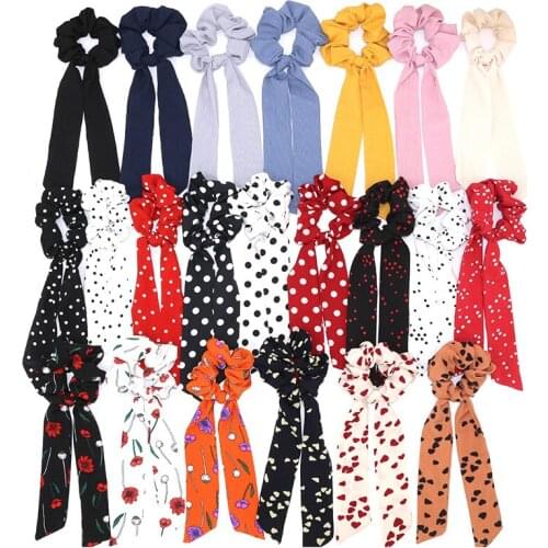 Bohemian Polka Dot Floral Printed Ribbon Bow Hair Scrunchies Women Elastic Hair Band Scarf Hair Rope Ties Girls Hair Accessories