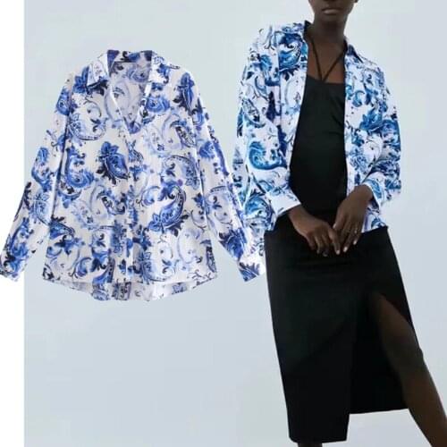 Za Women Shirts Woman Printed Poplin Shirt Long Sleeve Woman Blouses 2021 Buttons Up Shirt Summer Casual Collared Loose Blouse