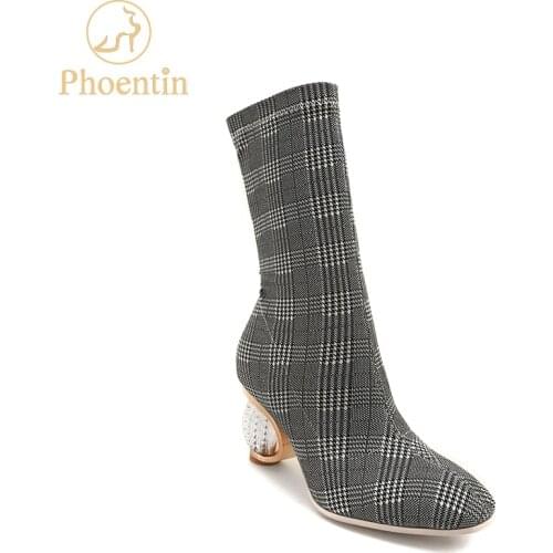 Phoentin grey gingham women boots stretchable 2020 slip on luxury shoes women designers short and long boots retro crystal FT463