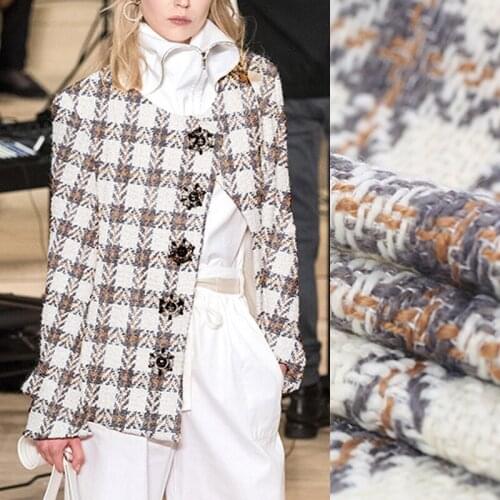 150CM Wide 520G/M Weight Knitted Milk White Brown Check Fabric for Autumn and Winter Outwear Overcoat Jacket E579