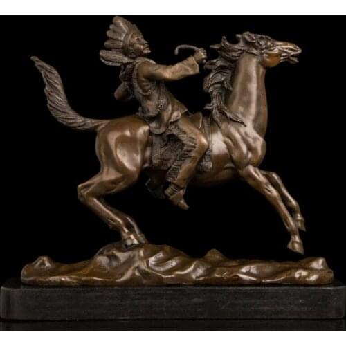 35CM Western Art Deco Bronze Red Indian Man Soldier Warrior Ride Horse Sculpture