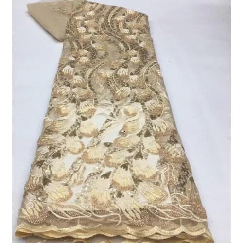 5yards/pc) High quality tube beads embroidered French lace gold African wedding net lace fabric for party dress FSS377