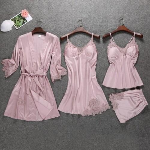 Satin Sleepwear Female with Chest Pads Sexy Women Pajamas Lace Slik Sleep Lounge 4 Pieces Sets Elegant Ladies Indoor Clothing