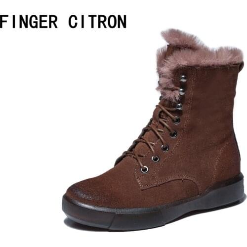 Finger Citron Women Anckle Boot Cow Suede Round Toe Rubber Outsole For Winter By Handmade Soft Warm Lady Style Size 35-42