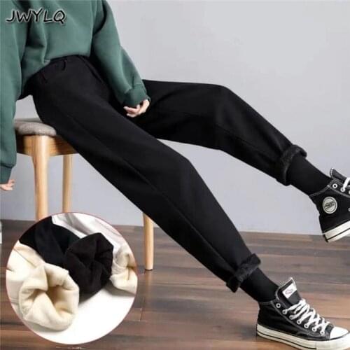 Casual High Waist Plus Velvet Basic Harem Jeans Winter Women Carrot Denim Pants Fashion Streetwears Loose Solid Color Trousers