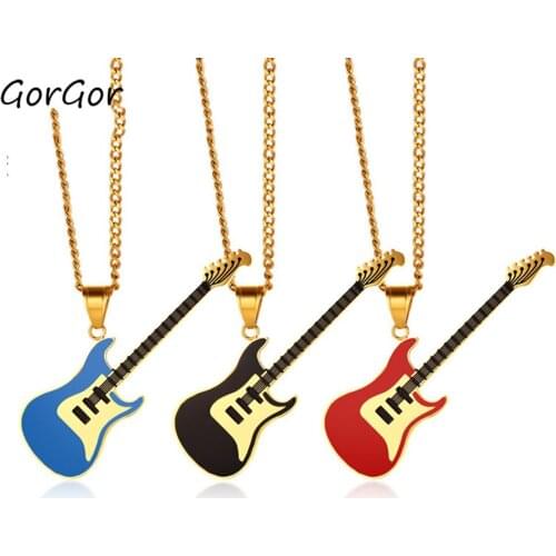 GorGor Necklace Women Stainless Steel Pattern Guitar Pendant Multi-colored Golden Chain Individual Music Enthusiast PN-1036