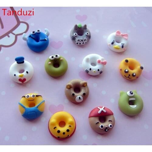 Tanduzi 12pcs Super Cute Classic Cartoon Character Resin Simulation Food Doughnut DIY Phone Case Beauty Deco Parts Resin Crafts