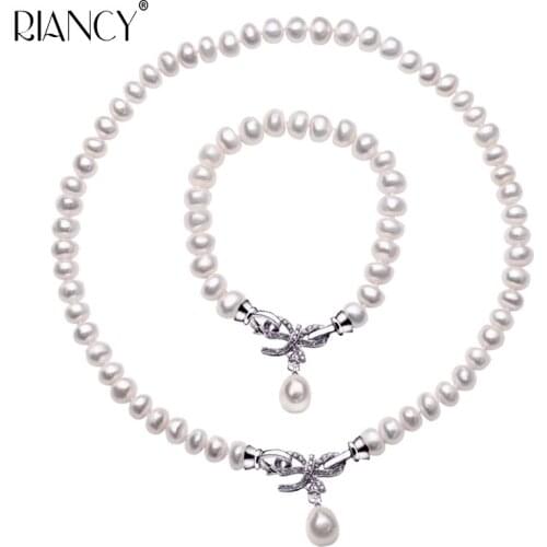 Fashion Pearl Jewelry Sets Natural Freshwater Jewelry 925 sterling silver Bow Pearl Necklace Bracelet Two sets For Women Gift