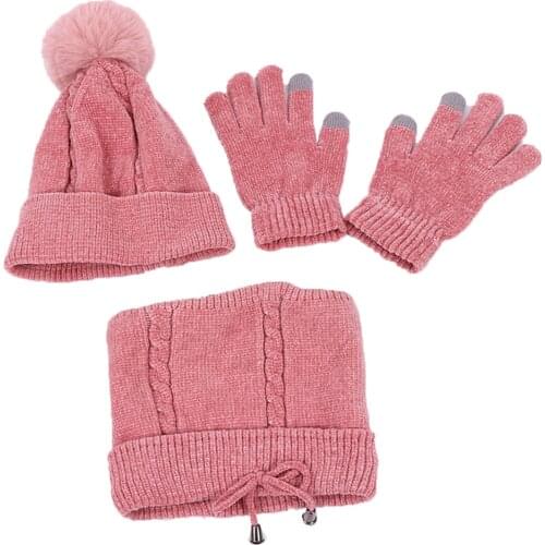 Winter Women Beanie Pom Hat Scarf Gloves Set Warm Soft Knitted Outdoor Crochet Ski Cap With Thick Lining Chenille Softe Hat Set