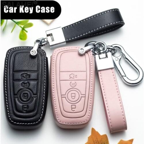 Leather Car Key Case Protection For Ford Mustang 2018 EcoSport Smart Remote Fobs Shell Cover Keys Bag Keychain Auto Accessories