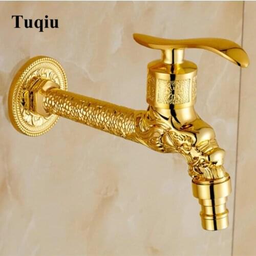 Art Carved Wall Mount Bibcock Brass Retro Tap Decorative Outdoor Garden Taps Washing Machine faucet Mop Luxury Gold WC Faucet