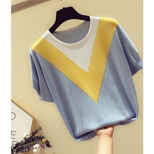 LJSXLS Loose Pullover Sweater Women 2021 Summer Korean Contrast Color Knit O-Neck Jumpers Top Female Blue Casual Thin Knitwear