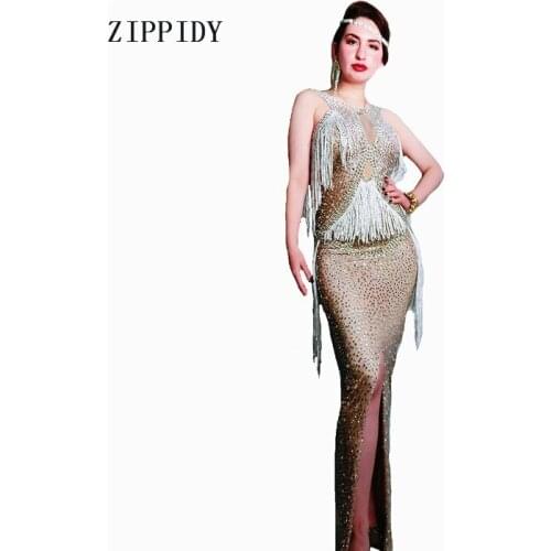 Fashion Crystals Fringes Dress Singer Performance Dresses Party Celebrate Glisten Rhinestones Costume Sleeveless Long Dress