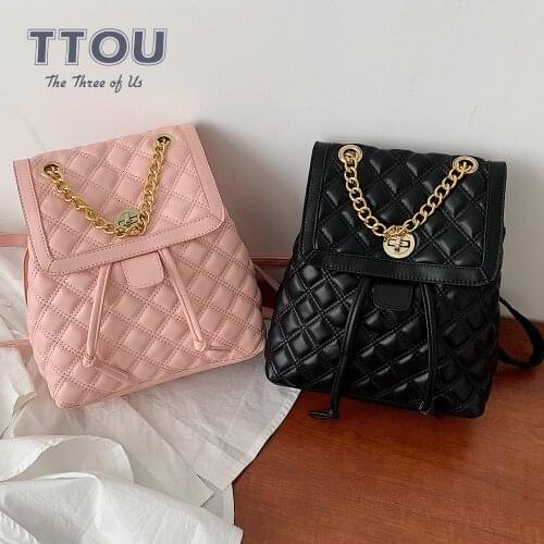 TTOU Fashion Women Leather Backpack Plaid School Bag For Teenage Girls Vintage Chain Female Drawstring Travel Bagpack Mochila