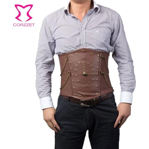 Corzzet Brown Leather Underbust Steampunk Mens Corsets And Bustiers Waist Taining Men Cincher Burlesque Gothic Men Corset