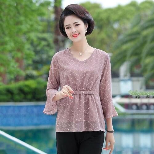 New Fashion Lady Suit Middle-Aged Elderly Women Summer Sets Plus Size Chiffon T-Shirt Top + Wide Leg Pants 2-Piece Set Clothing