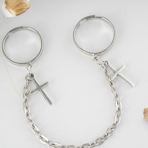 Silver Color Plated Retro Punk Hip-Hop Cross Ring Hand Finger Chain Adjustable Rings Jewelry Gift for Men Women Unisex Ring