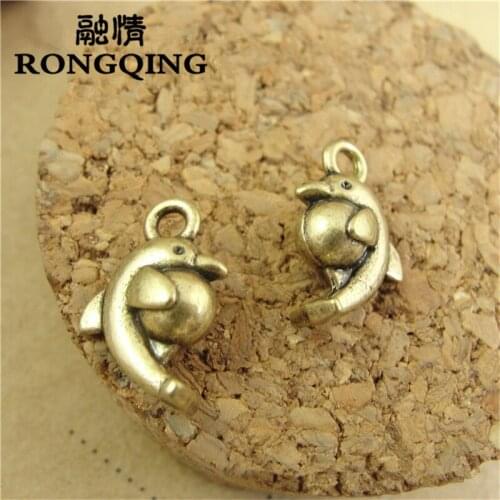 RONGQING 100pcs/lot Antique Bronze 15*14MM 3D Dolphin Pendant Charms Bracelets & Necklaces DIY Jewelry Findings