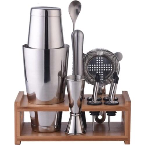 Cocktail Shaker Set Jigger Mixing Spoon Tong Barware Bartender Tools W/Wood Storage Stand Bars Mixed Drinks