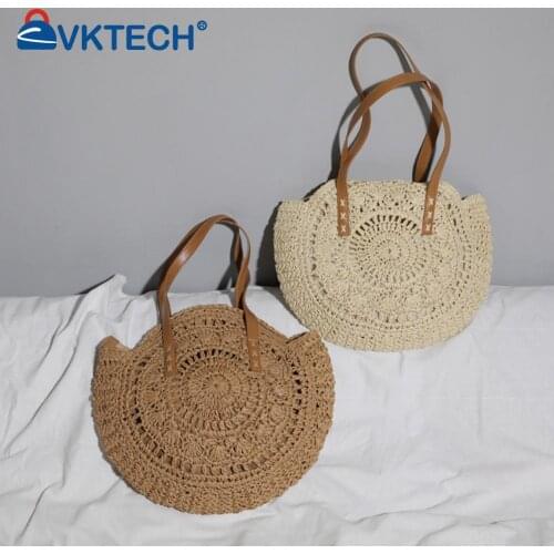 Shoulder Underarm Bags Ladies Soft Straw Embossing Solid Casual Small Totes Handbags with Round Shape for Shopping