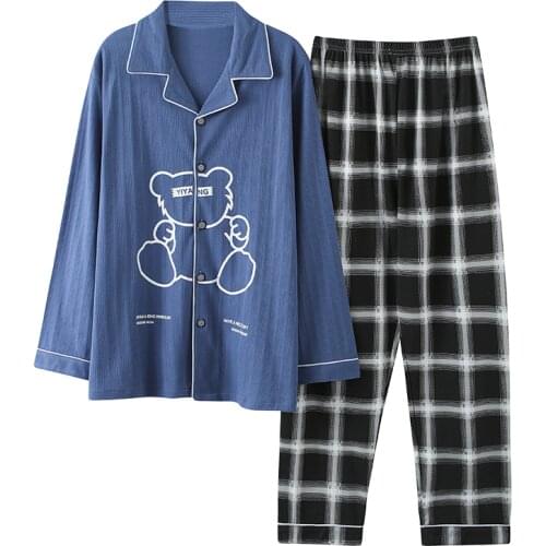 Comfortable Men Pyjamas Cotton Long Sleeve Lapel Buttons Casual Night Wear Autumn Winter Boy Pajama Sets Leisure Sleepwear Set