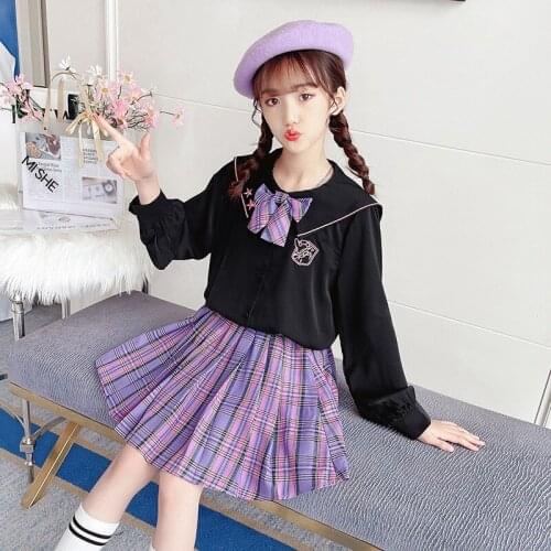 Spring And Autumn Fashion Girls Set Black Bowknot Button Long Sleeve Top + Pleated Plaid Skirt 2-piece Set Girl Cute Casual Set