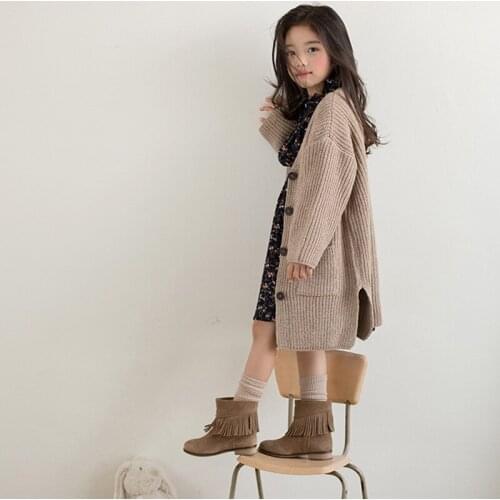 Qunq Girls Knitting Cardigan Coat Khaki Fall Winter Children Sweater for Toddler Teens Girl Long Style Children Tops Clothes