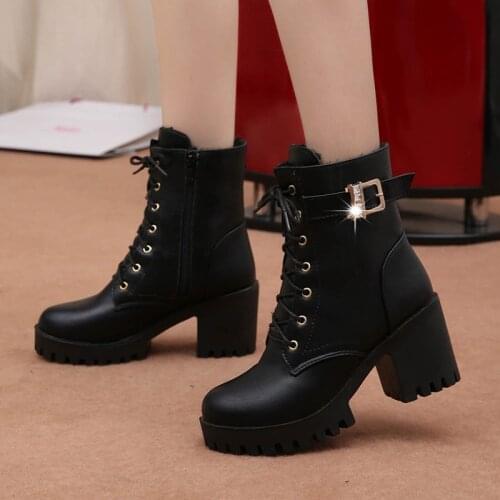 Hot Sale Women Boots Lace Up Flat Biker Combat Wine Red Boots Shoes Buckle Woman Botas Women shoes Boots 2019 New tyh