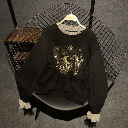 New design womens casual gauze mesh patchwork o-neck long sleeve stars earth gold print sweatshirt pullover tops hoodies